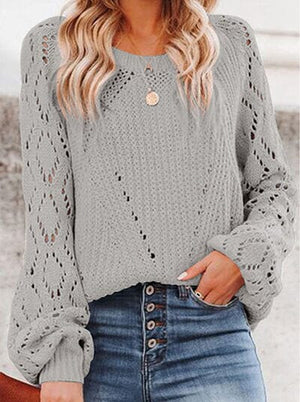 Openwork Round Neck Lantern Sleeve Sweater - Sydney So Sweet