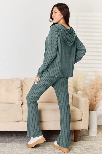 Ribbed Drawstring Hood Top and Straight Pants Set - Sydney So Sweet