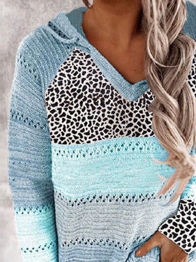 Full Size Openwork Leopard Drawstring Hooded Sweater - Sydney So Sweet