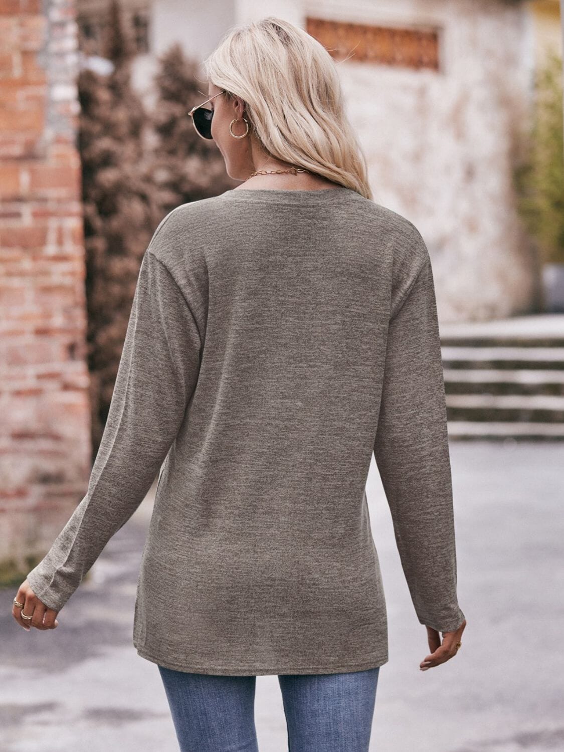 Buttoned Notched Neck Long Sleeve Top - Sydney So Sweet