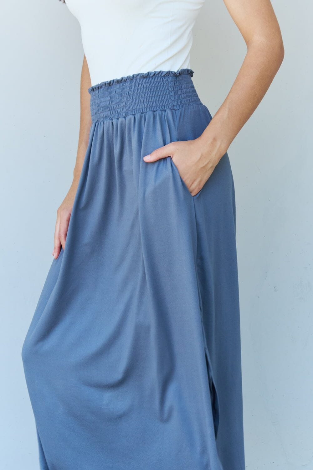 Full Size High Waist Scoop Hem Maxi Skirt in Dusty Blue - Sydney So Sweet