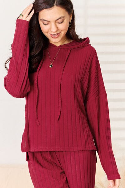 Ribbed Drawstring Hood Top and Straight Pants Set - Sydney So Sweet