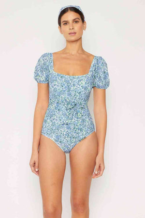 Salty Air Puff Sleeve One-Piece Women's Swimsuit in Blue - Sydney So Sweet