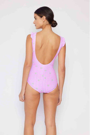 Float On Ruffle Faux Wrap One-Piece Women's Swimsuit in Carnation Pink - Sydney So Sweet