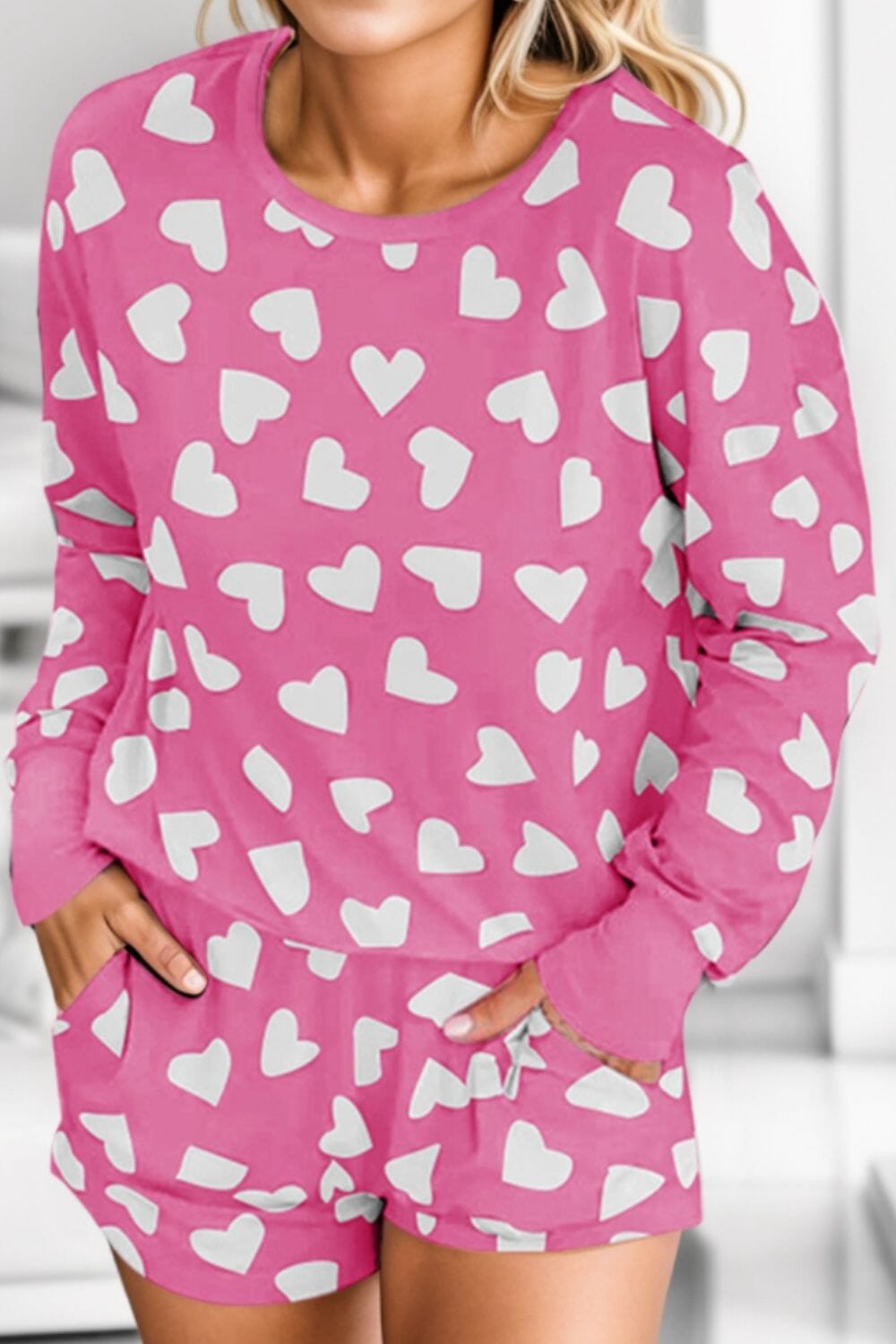 Heart Print Round Neck Top and Shorts Lounge Set - Sydney So Sweet