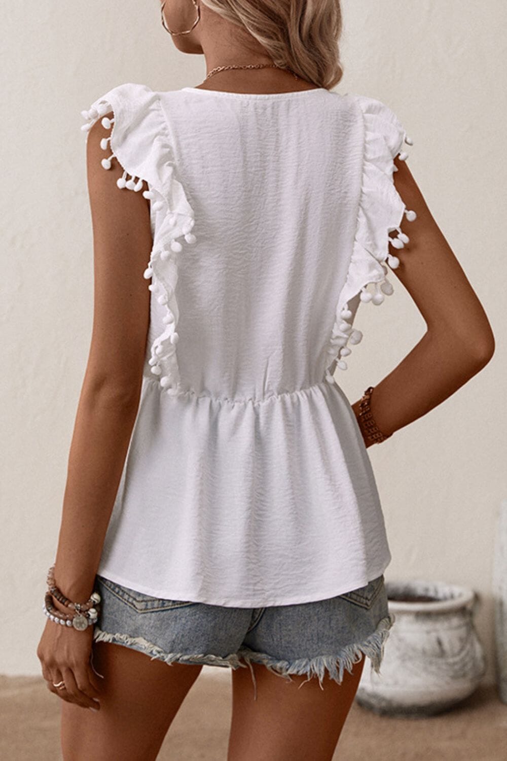 Embroidered Pom-Pom Trim Cap Sleeve Babydoll Top - Sydney So Sweet