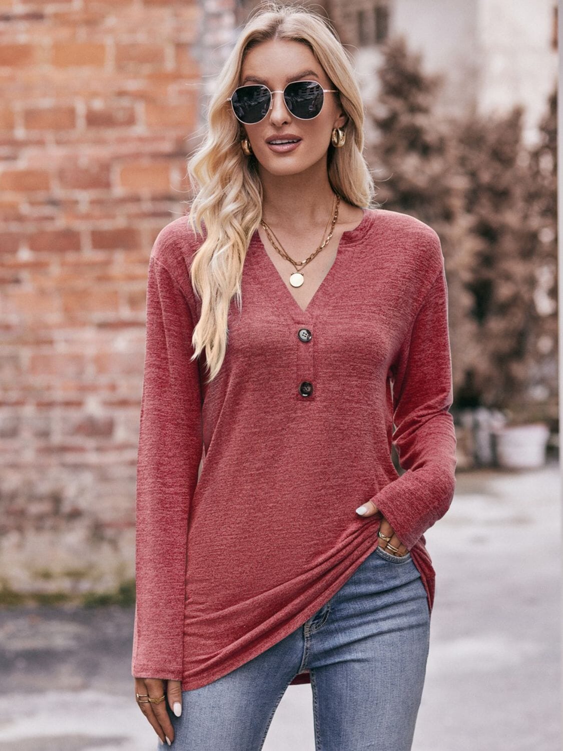 Buttoned Notched Neck Long Sleeve Top - Sydney So Sweet