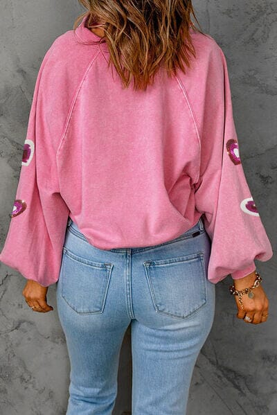 Heart Sequin Half Snap Collared Neck Sweatshirt - Sydney So Sweet