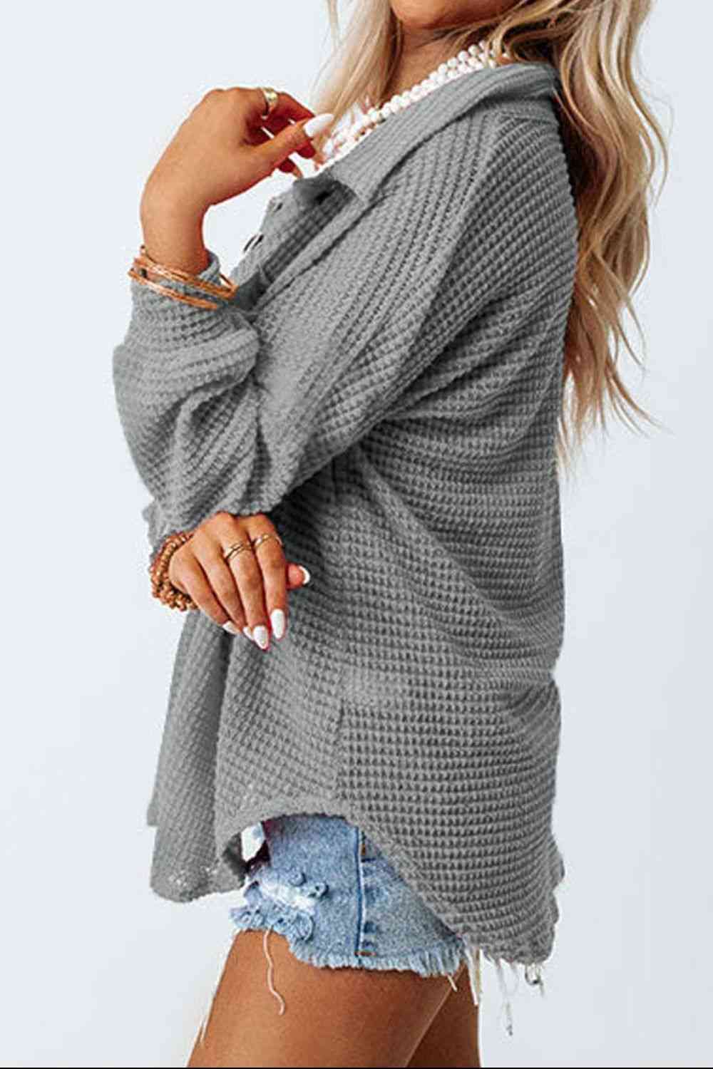 Waffle-Knit Button Up Long Sleeve Shirt with Pocket - Sydney So Sweet