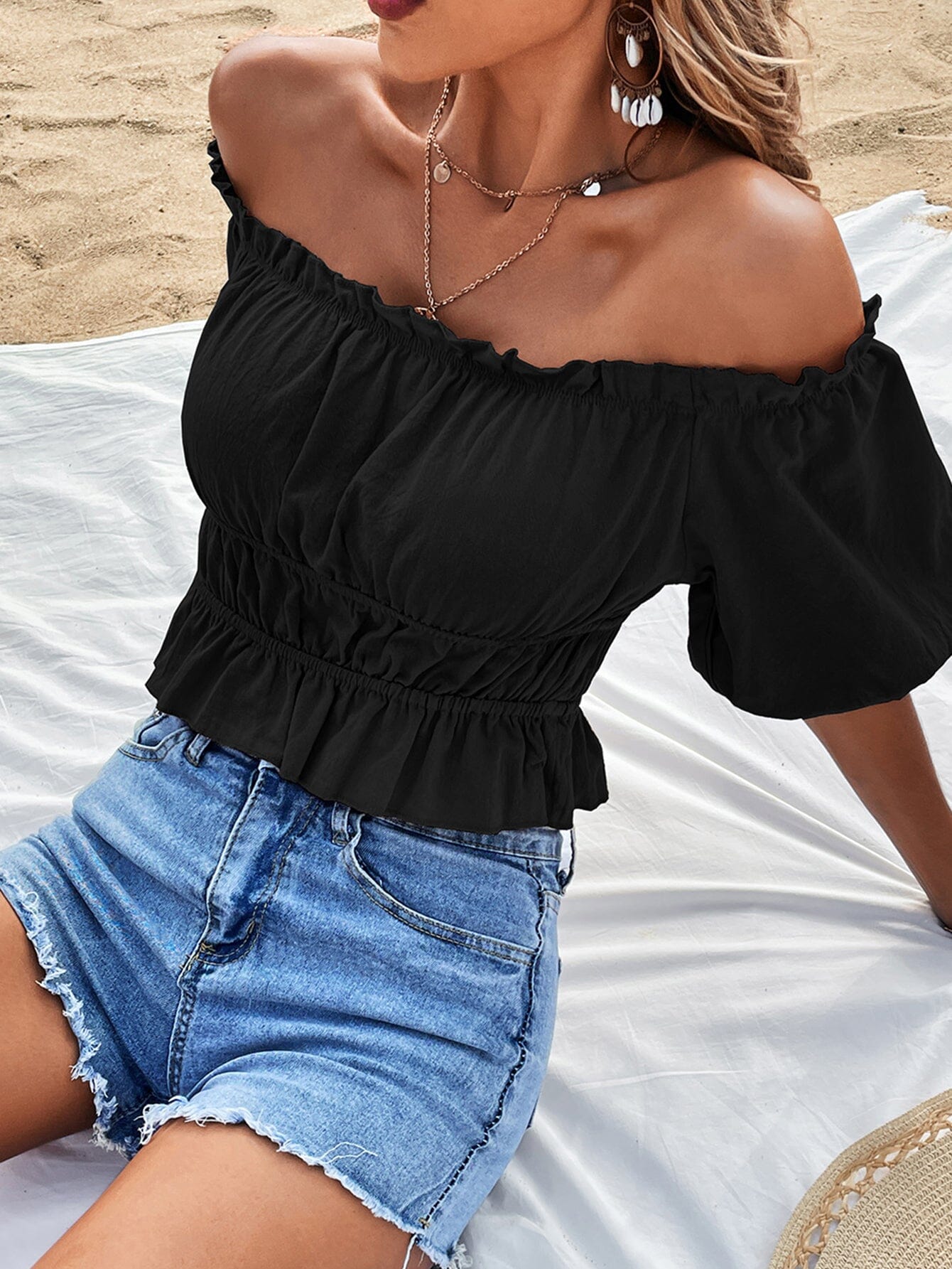 Off-Shoulder Frill Trim Peplum Top - Sydney So Sweet