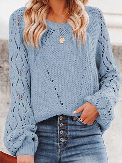 Openwork Round Neck Lantern Sleeve Sweater - Sydney So Sweet