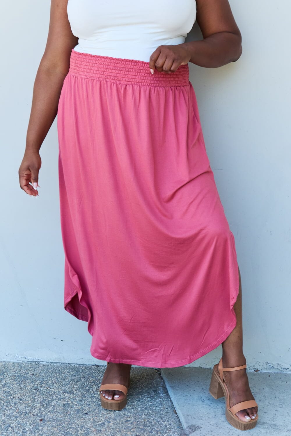 Full Size High Waist Scoop Hem Maxi Skirt in Hot Pink - Sydney So Sweet