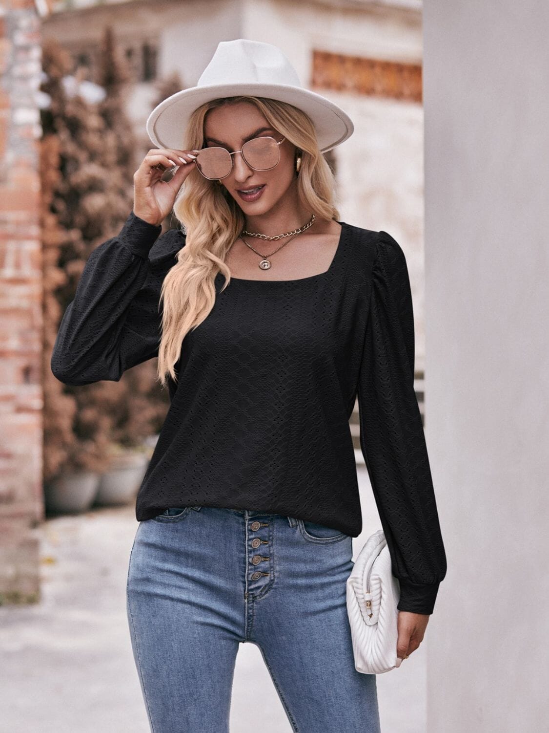 Eyelet Square Neck Puff Sleeve Blouse - Sydney So Sweet