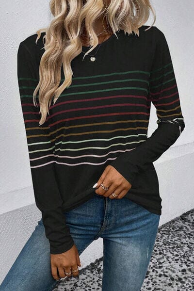 Striped Round Neck Long Sleeve Top - Sydney So Sweet