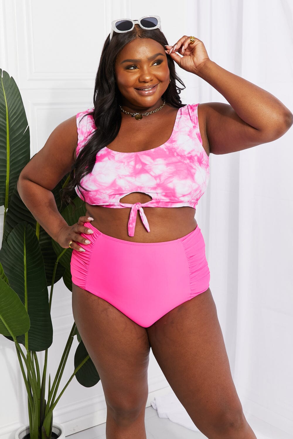 Marina West Swim Sanibel Crop Swim Top and Ruched Bottoms Set in Pink - Sydney So Sweet