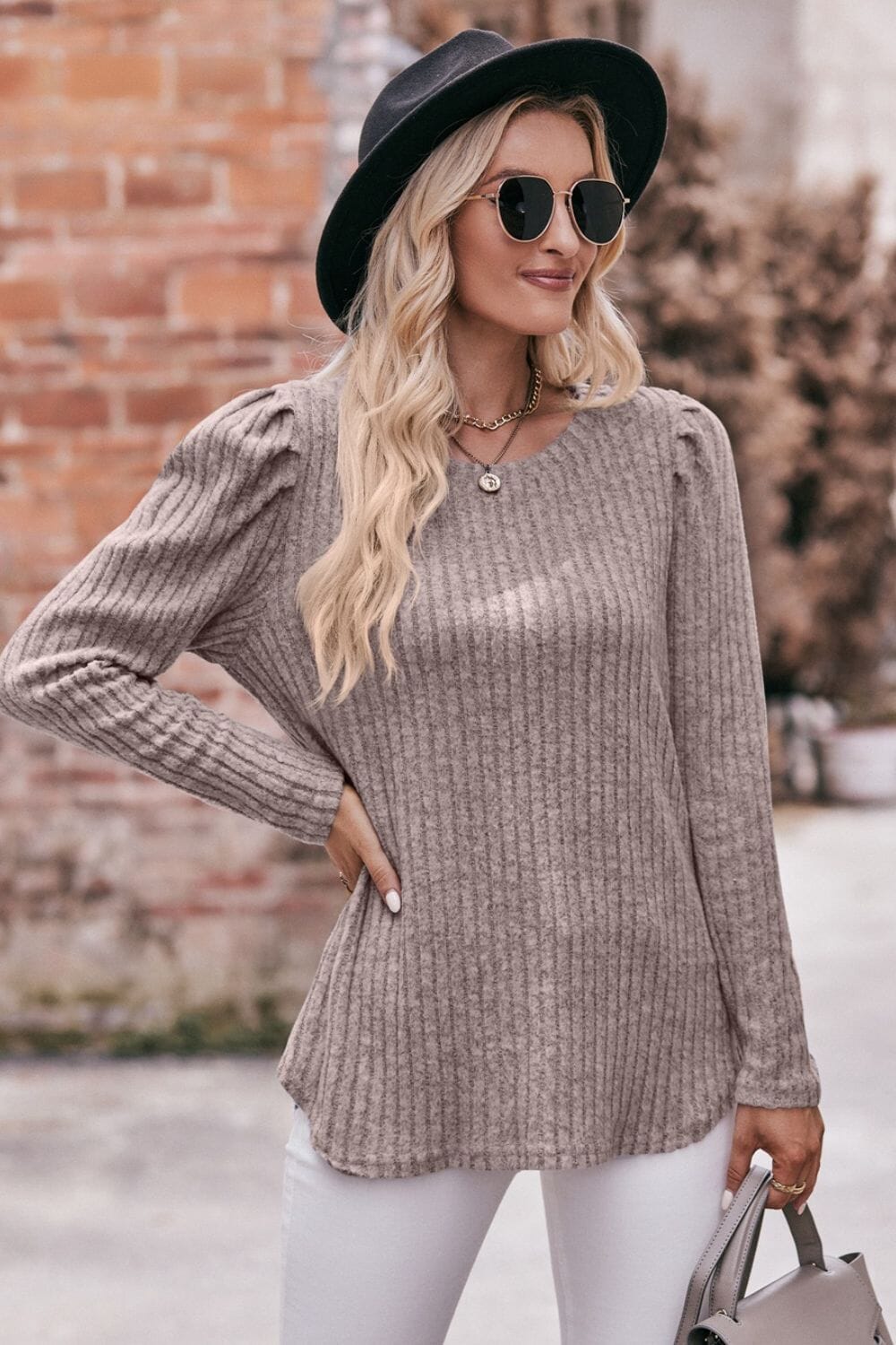 Round Neck Puff Sleeve Ribbed Top - Sydney So Sweet