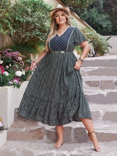 Plus Size Printed V-Neck Flutter Sleeve Midi Dress - Sydney So Sweet