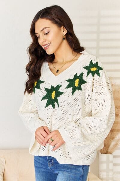 POL Floral Embroidered Pattern V-Neck Sweater - Sydney So Sweet