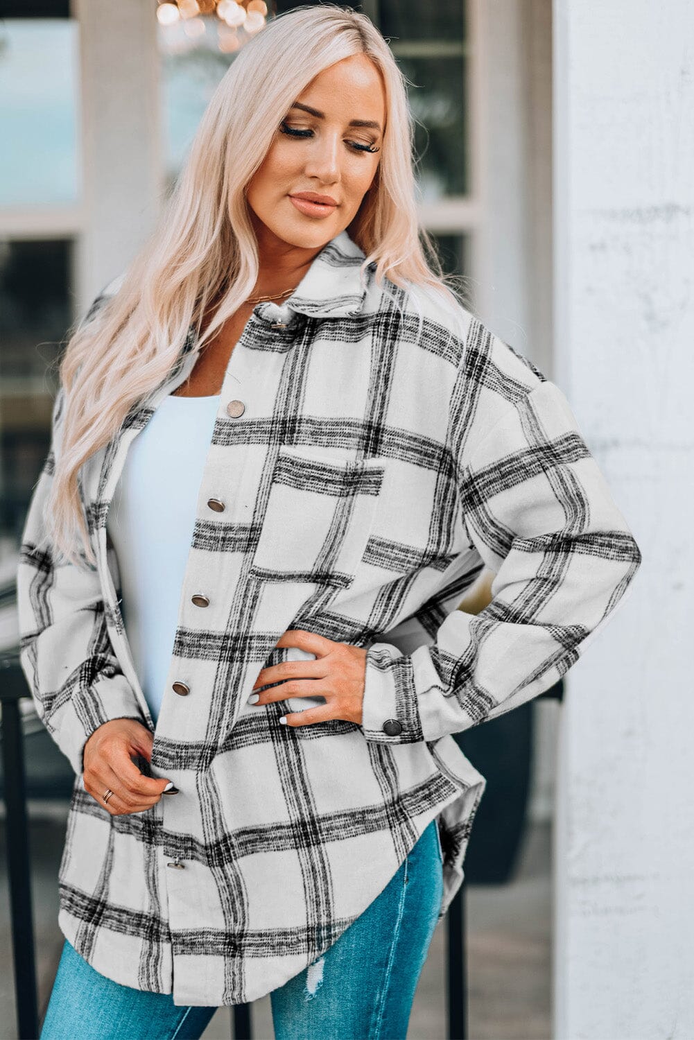 Plaid Curved Hem Dropped Shoulder Longline Shirt Jacket - Sydney So Sweet