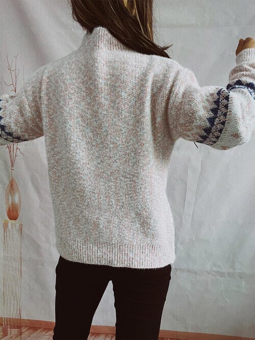 Geometric Mock Neck Dropped Shoulder Sweater - Sydney So Sweet