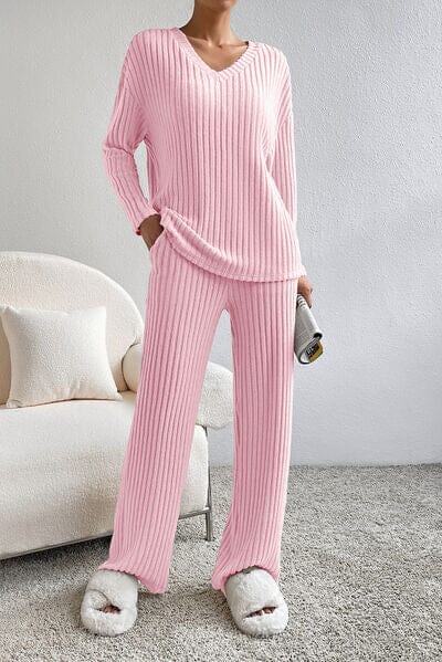 Ribbed V-Neck Top and Pocketed Pants Lounge Set - Sydney So Sweet