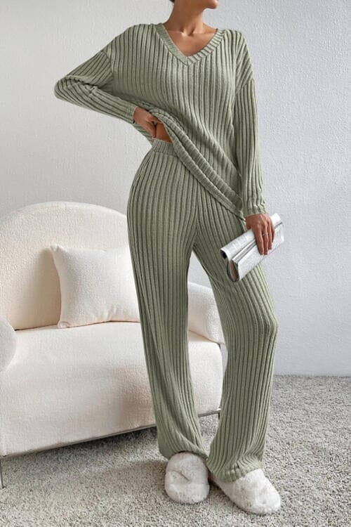 Ribbed V-Neck Top and Pants Set - Sydney So Sweet