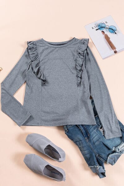 Ruffled Round Neck Long Sleeve T-Shirt - Sydney So Sweet