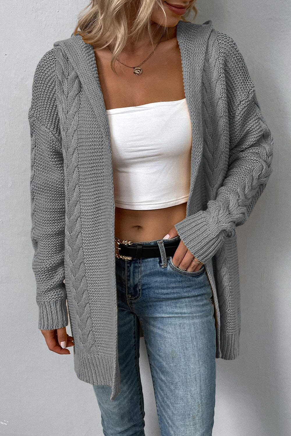 Cable-Knit Dropped Shoulder Hooded Cardigan - Sydney So Sweet