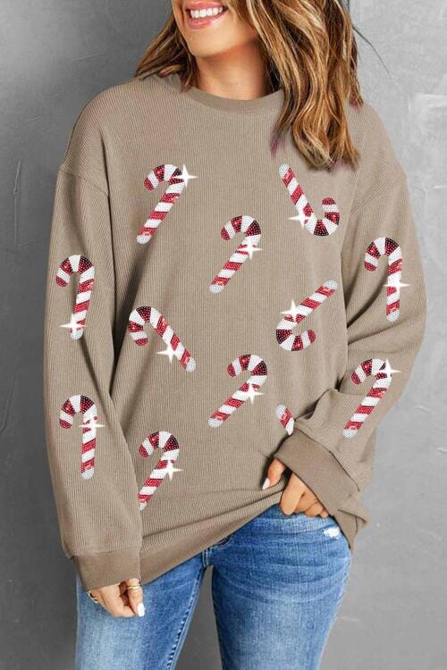 Sequin Candy Cane Round Neck Sweatshirt - Sydney So Sweet