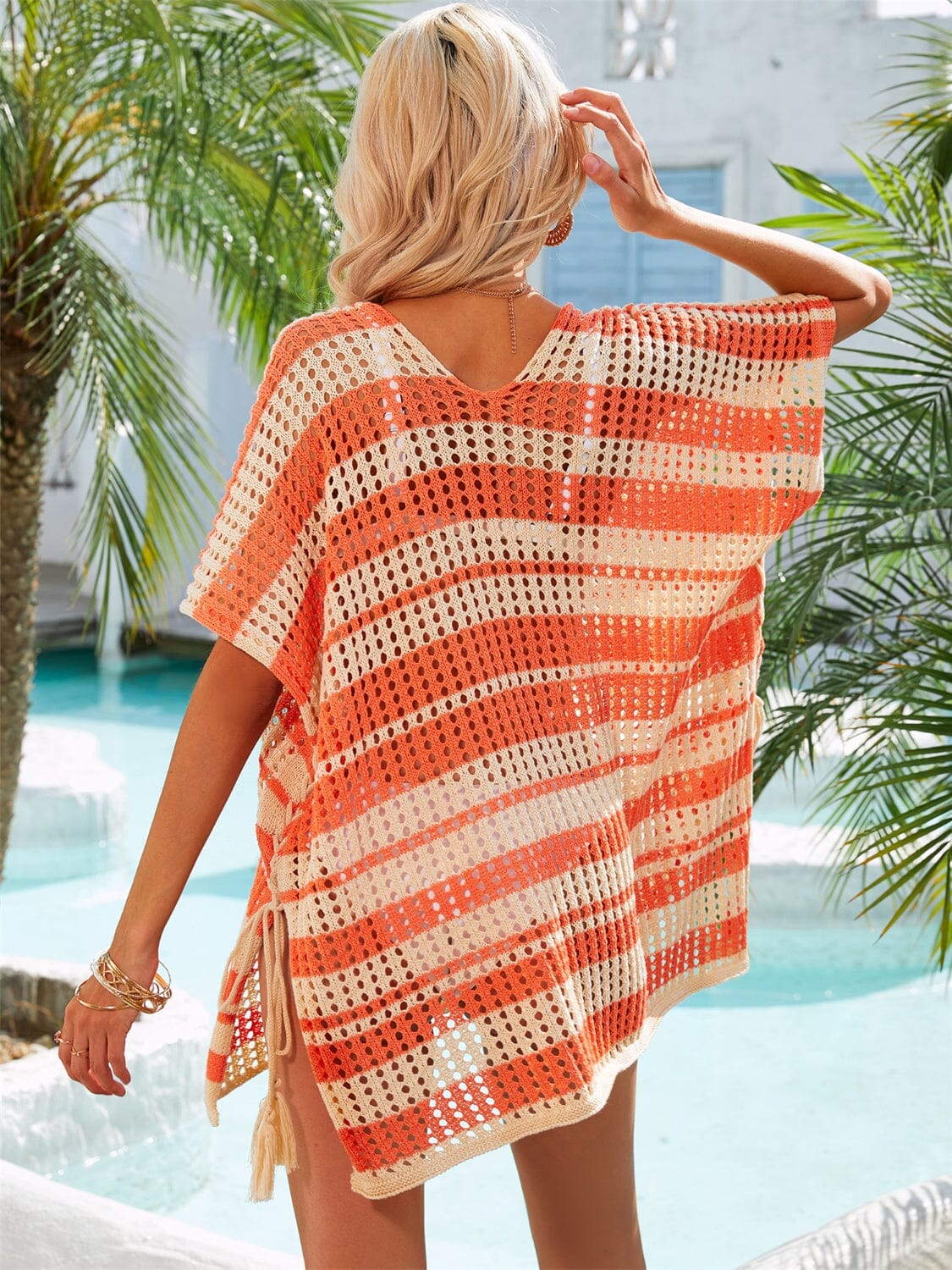 Tassel Openwork Striped V-Neck Cover Up - Sydney So Sweet