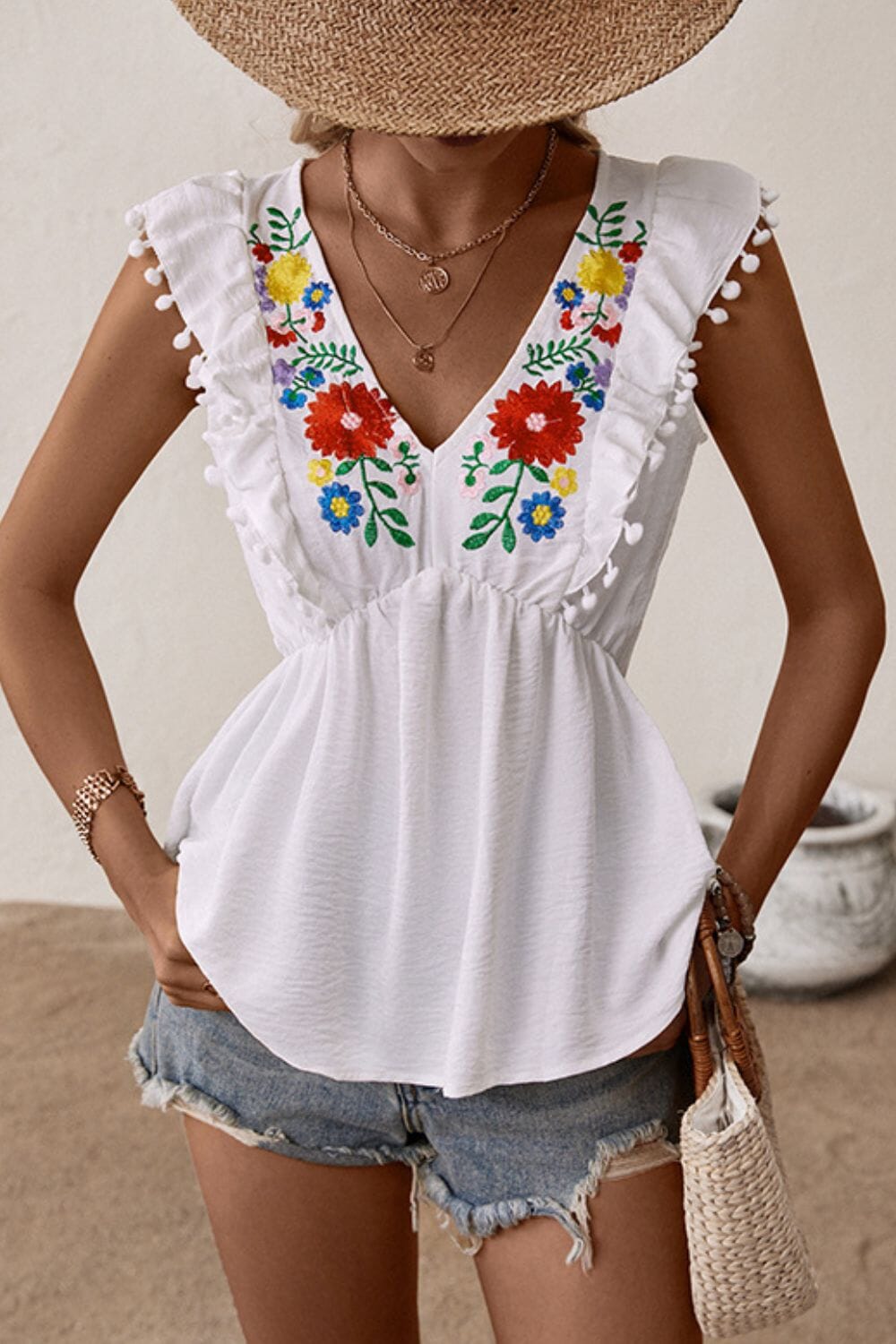 Embroidered Pom-Pom Trim Cap Sleeve Babydoll Top - Sydney So Sweet