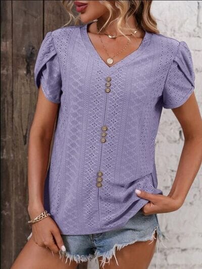 Eyelet V-Neck Petal Sleeve T-Shirt - Sydney So Sweet