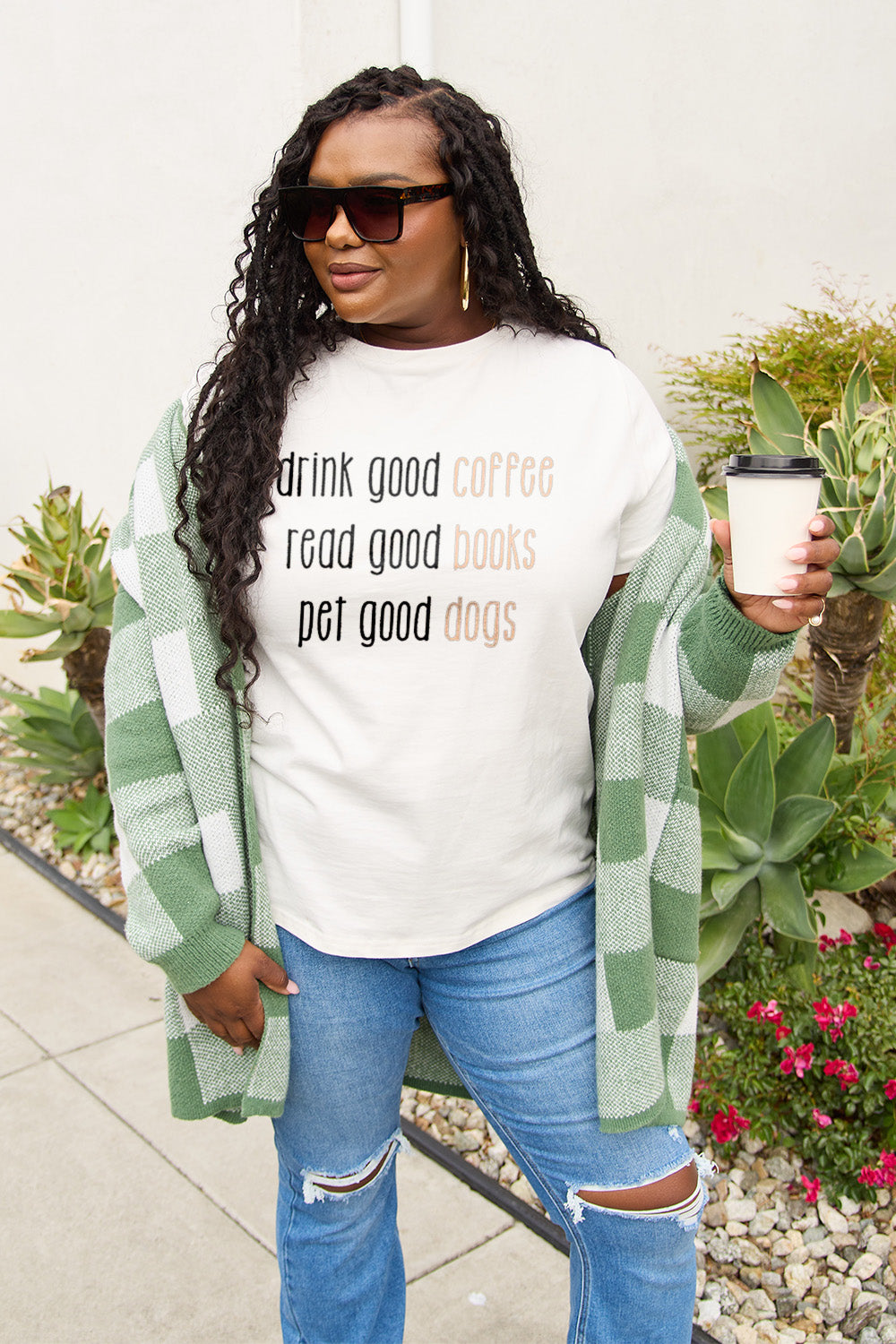 Good Coffee Books & Dogs Graphic Round Neck T-Shirt - Sydney So Sweet