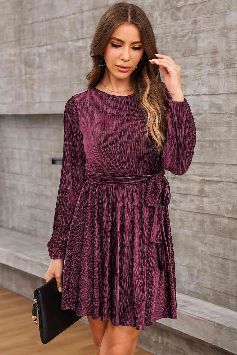 Round Neck Tie Front Long Sleeve Dress - Sydney So Sweet