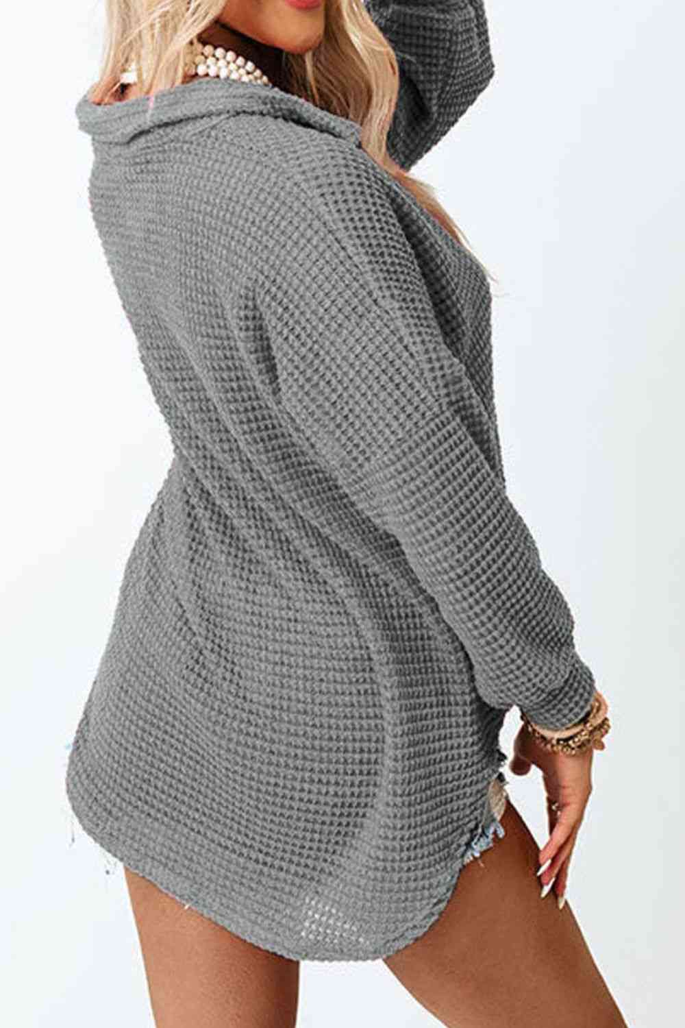 Waffle-Knit Button Up Long Sleeve Shirt with Pocket - Sydney So Sweet