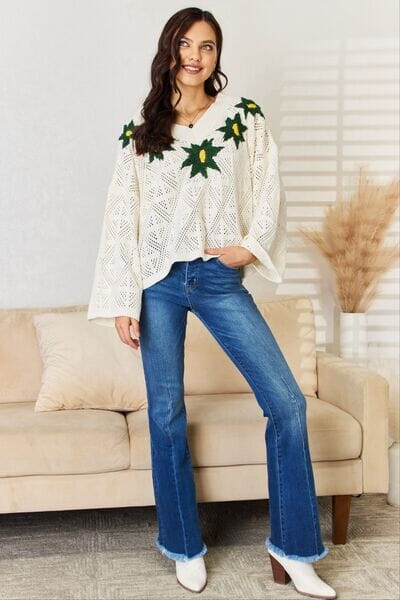 POL Floral Embroidered Pattern V-Neck Sweater - Sydney So Sweet