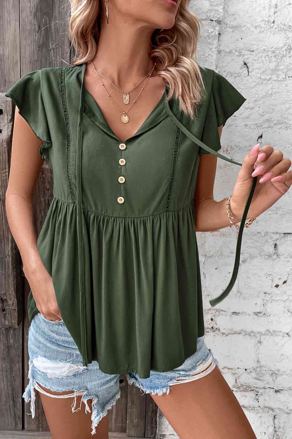 Buttoned Tie Neck Flutter Sleeve Babydoll Top - Sydney So Sweet