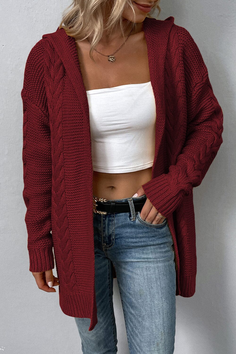 Cable-Knit Dropped Shoulder Hooded Cardigan - Sydney So Sweet