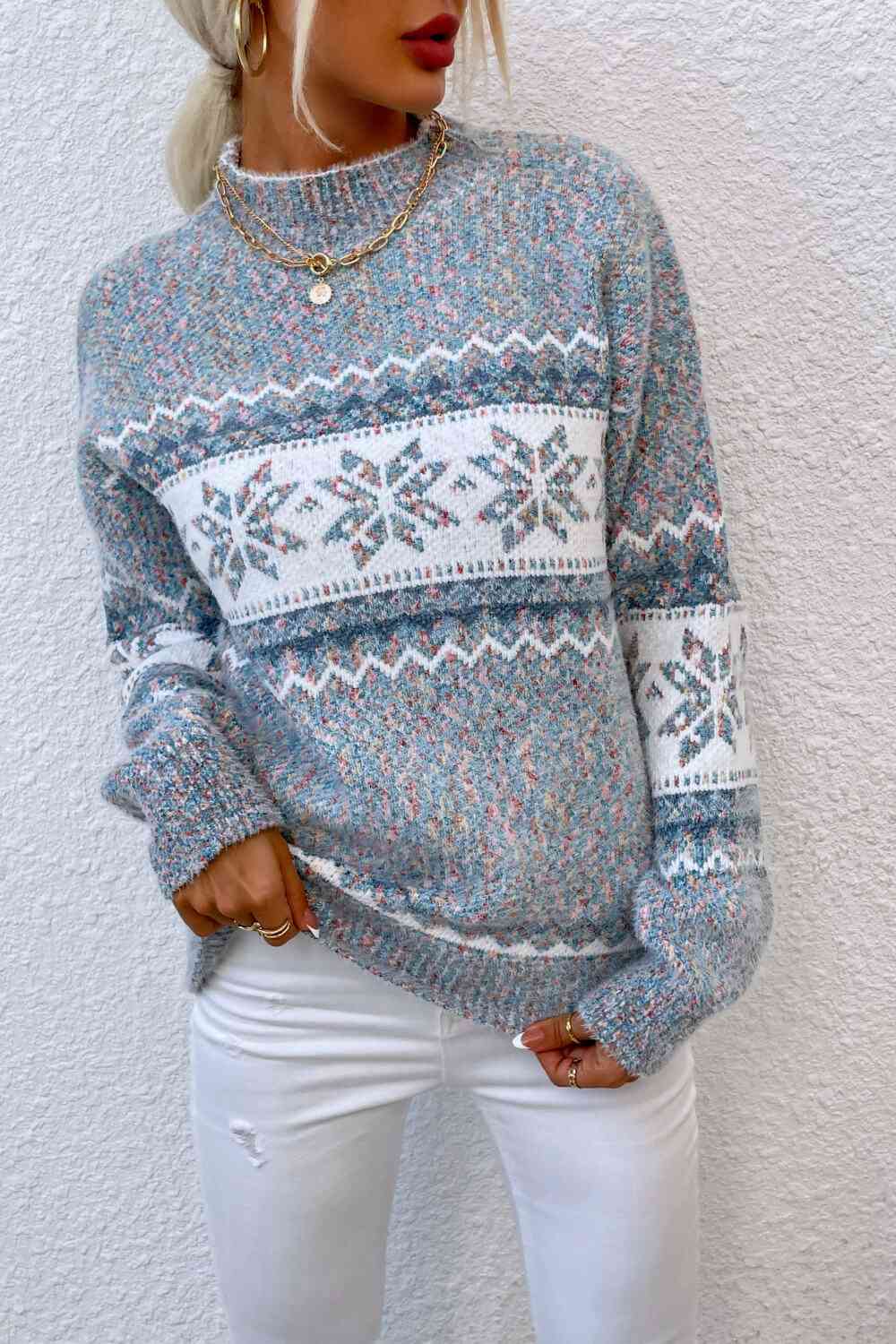 Snowflake Pattern Mock Neck Sweater - Sydney So Sweet