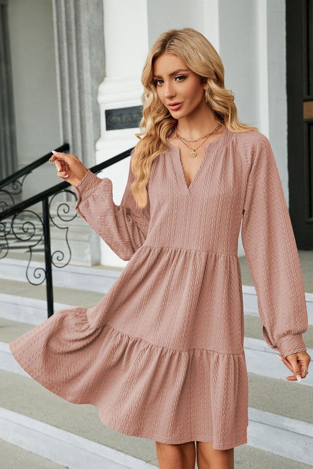 Notched Neck Long Sleeve Mini Dress - Sydney So Sweet