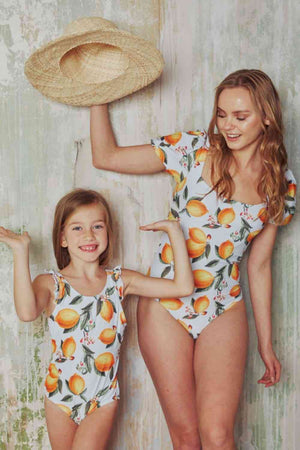Salty Air Puff Sleeve One-Piece Womens Swimsuit in Citrus Orange - Sydney So Sweet