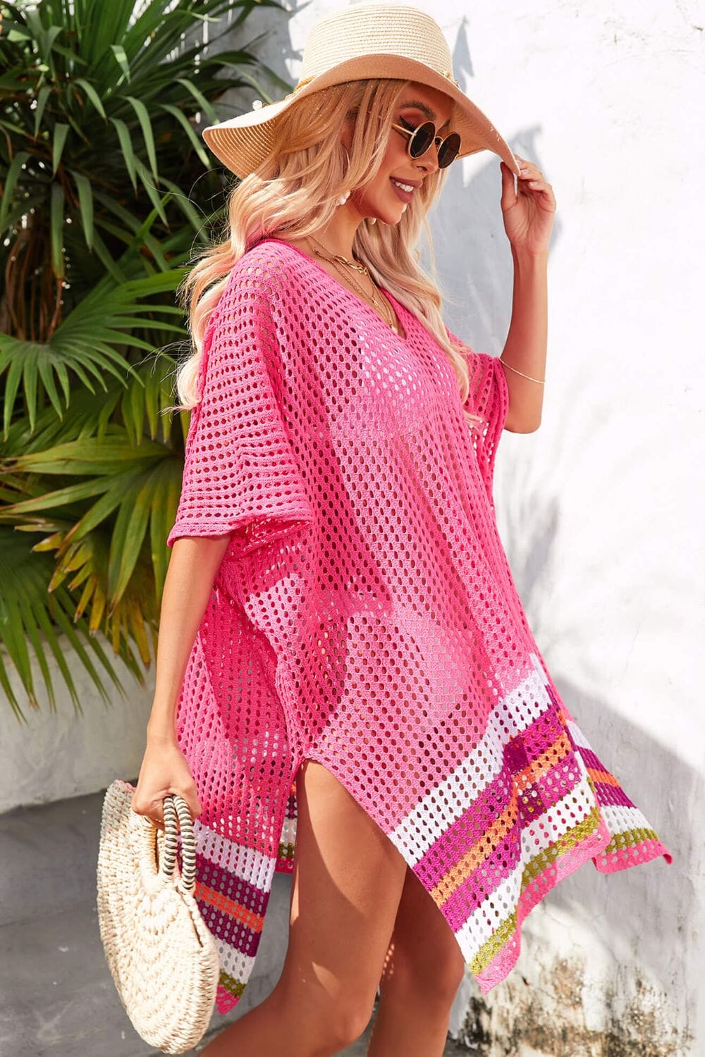 Rainbow Stripe Openwork Slit Cover-Up - Sydney So Sweet