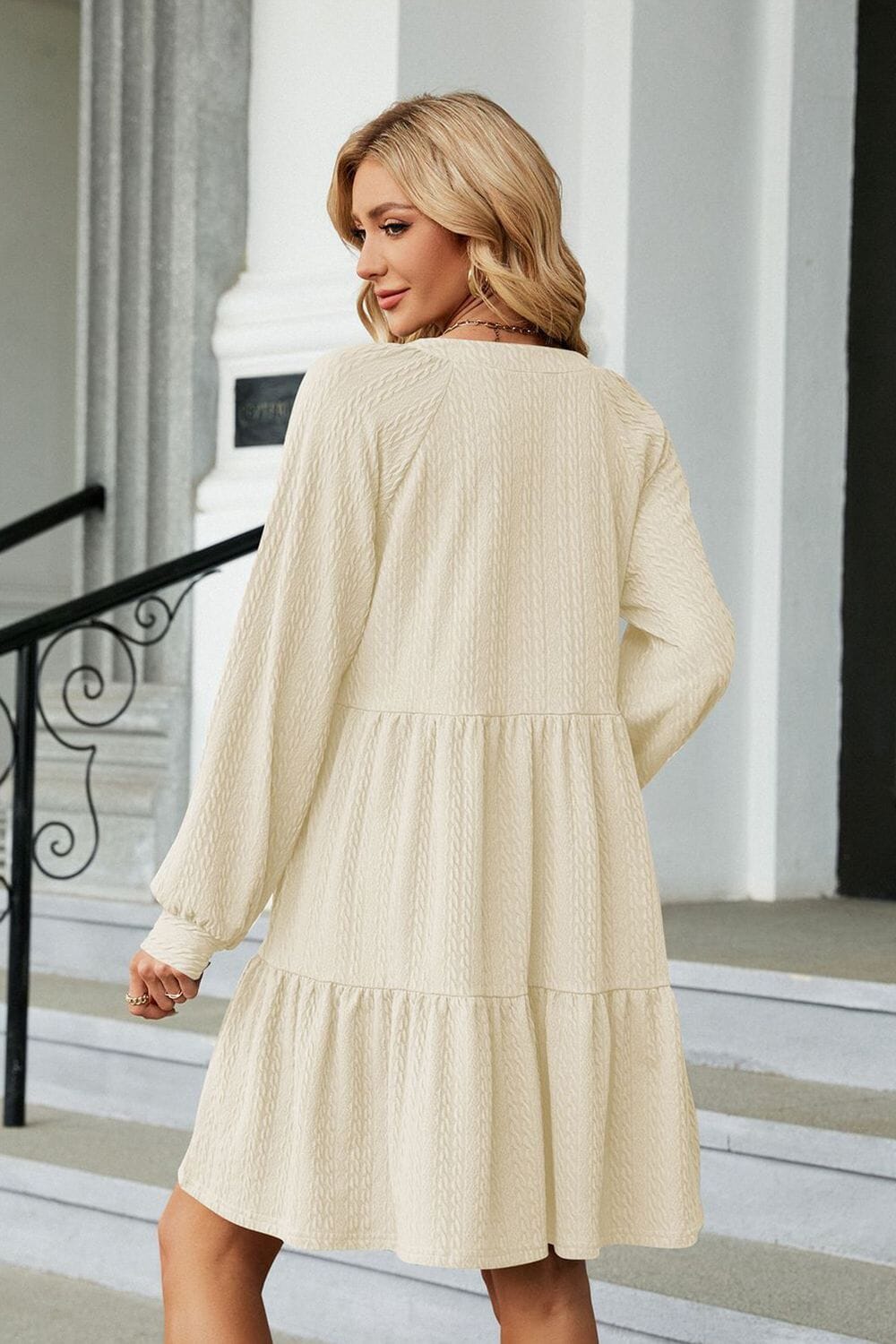 Notched Neck Long Sleeve Mini Dress - Sydney So Sweet