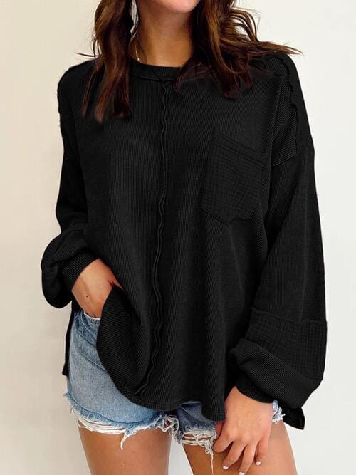 Waffle-Knit Exposed Seam Lantern Sleeve Blouse - Sydney So Sweet