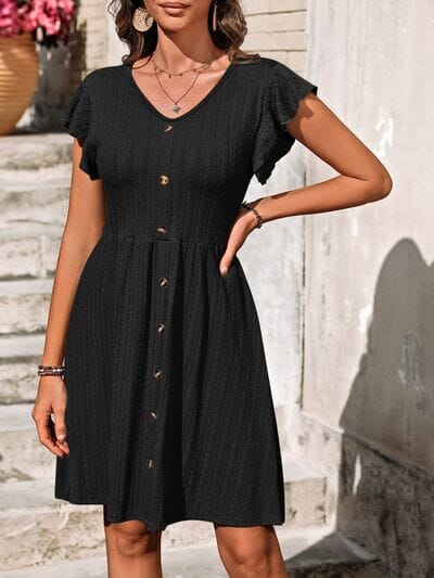 Decorative Button Ruffled V-Neck Dress - Sydney So Sweet