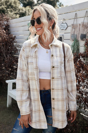 Plaid Curved Hem Dropped Shoulder Longline Shirt Jacket - Sydney So Sweet