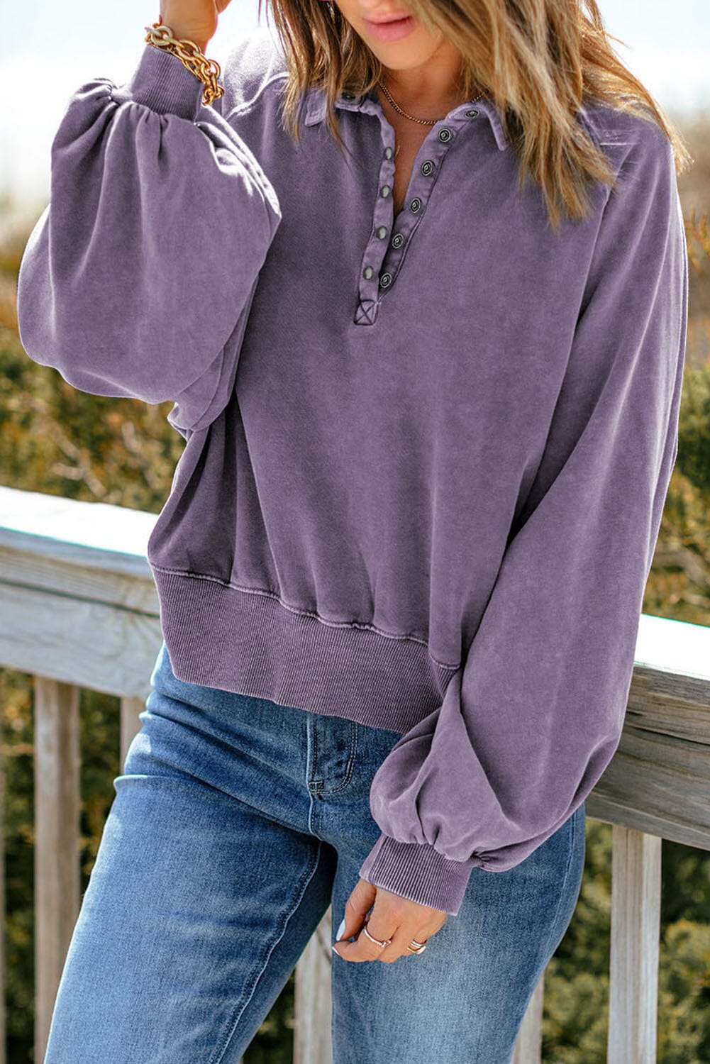 Quarter-Snap Collared Lantern Sleeve Sweatshirt - Sydney So Sweet