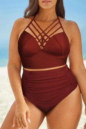 Full Size Halter Neck Crisscross Ruched Two-Piece Swimsuit - Sydney So Sweet