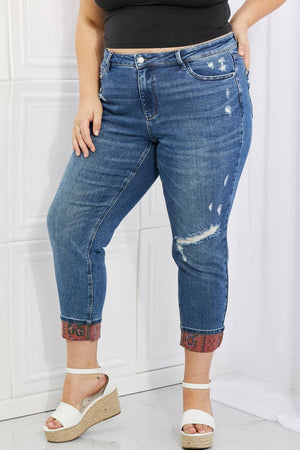 Judy Blue Gina Full Size Mid Rise Paisley Patch Cuff Boyfriend Jeans - Sydney So Sweet