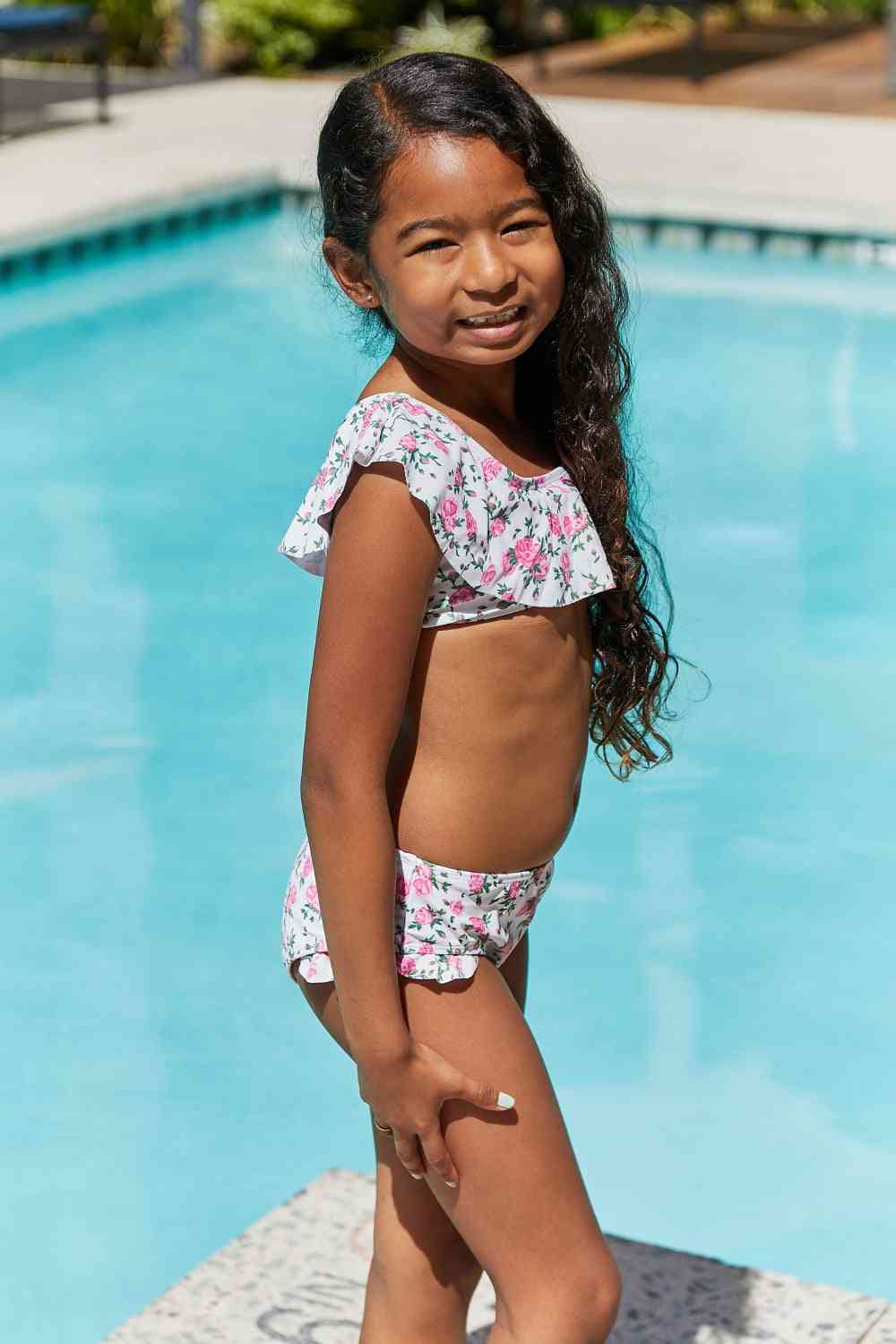 Float On Ruffle Two-Piece Girls Swim Set in Roses Off-White - Sydney So Sweet